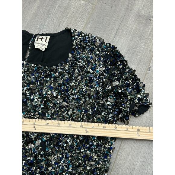 HAUTE HIPPIE Mosaic Sequin Embelished Cropped Top Short Sleeves Black Silk Sz M - Picture 12 of 12